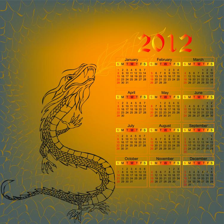 free vector 2012 year of the dragon calendar vector